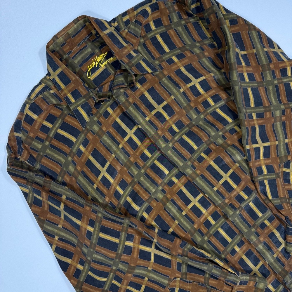 Jack Lipson Signature Mens Cupro Button Down Shirt Abstract Plaid Brown Green M